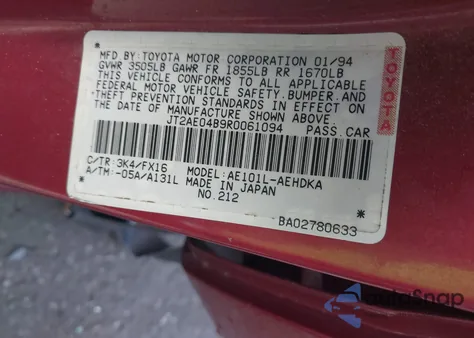 1994 Toyota Corolla from USA, damaged, VIN JT2AE04B9R0061094